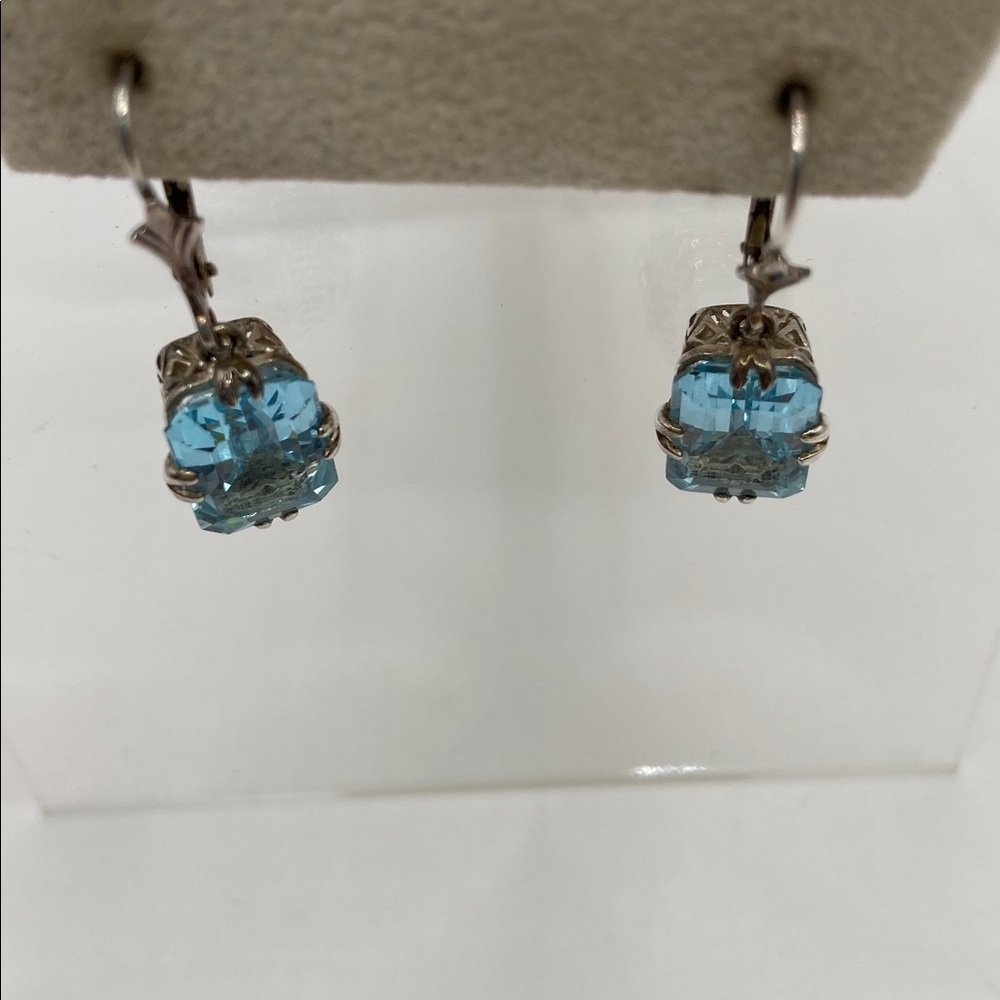 Vintage Sterling Silver 925 Blue Topaz Emerald Cut Lever Back Earrings - Picture 5 of 10